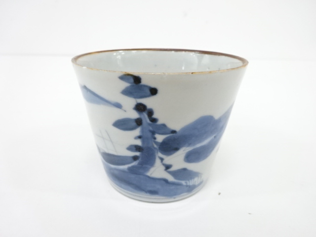 JAPANESE CERAMICS / KOIMARI / SOBA CHOKO CUP / BLUE & WHITE PORCELAIN / PINE